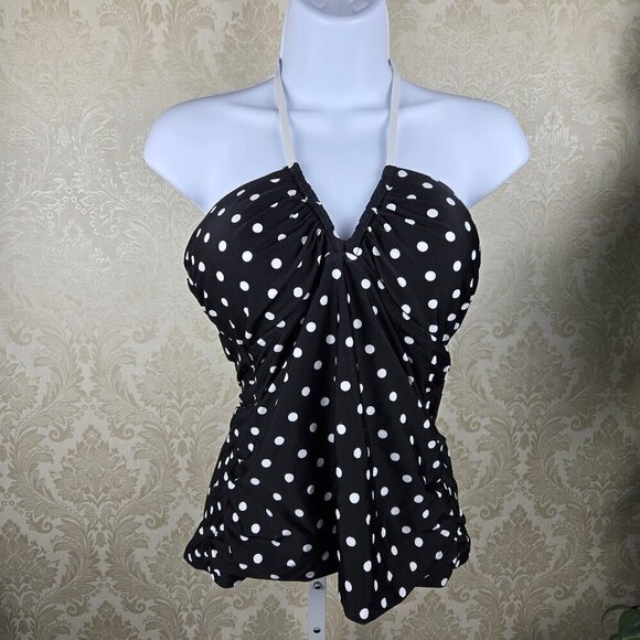 Lauren Ralph Lauren Size 12 Black White Dots Tankini Top Built In Bra Neck Ties - Picture 1 of 15